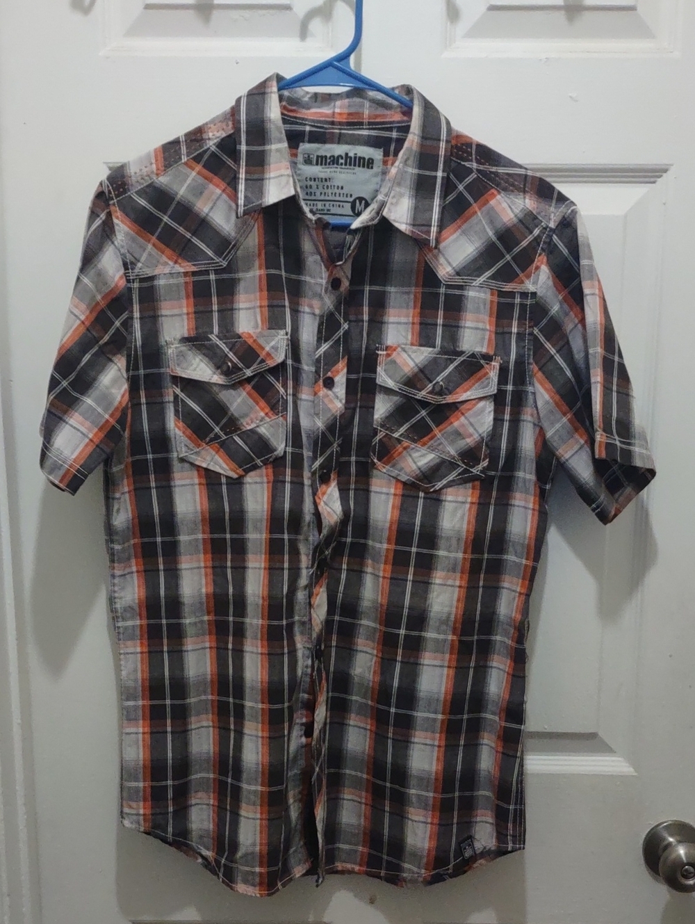 Machine Short-Sleeve Plaid Button-Down Shirt in Black, White & Orange